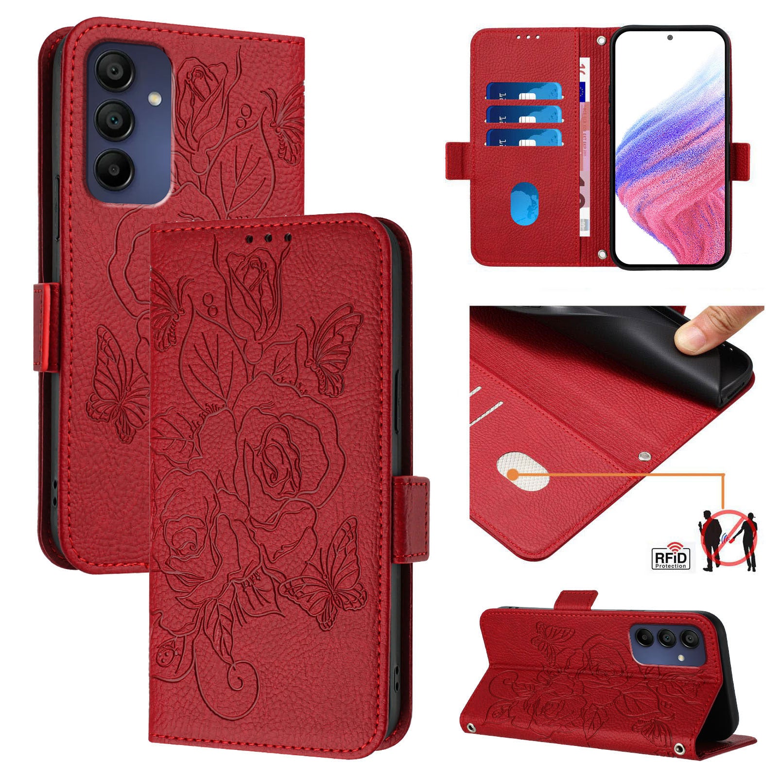 For Samsung Galaxy A16 5G / A16 4G Case Rose Imprinted RFID Blocking Leather Phone Cover with Strap - Red