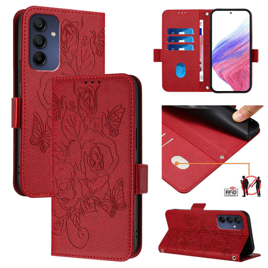 For Samsung Galaxy A16 5G / A16 4G Case Rose Imprinted RFID Blocking Leather Phone Cover with Strap - Red