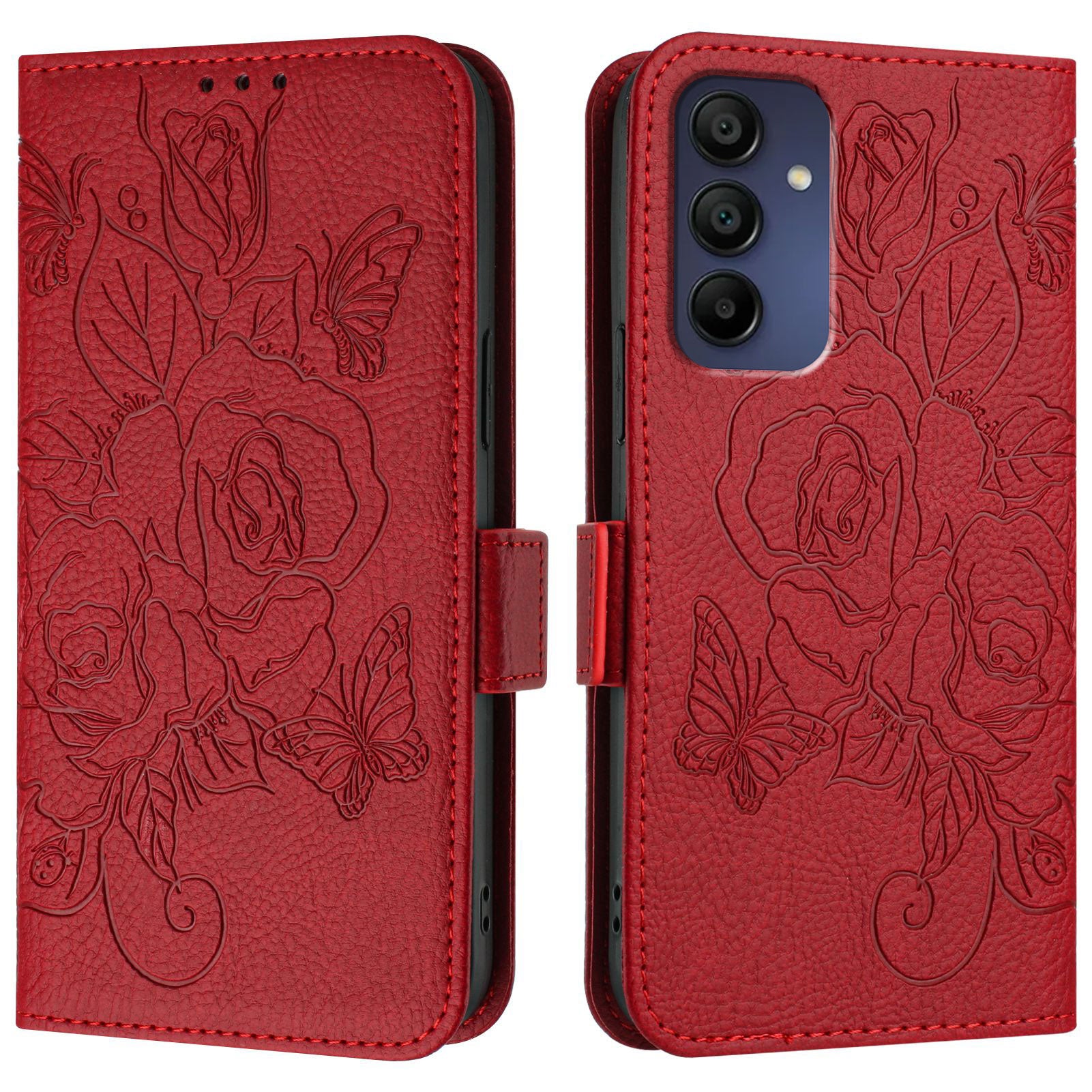 For Samsung Galaxy A16 5G / A16 4G Case Rose Imprinted RFID Blocking Leather Phone Cover with Strap - Red