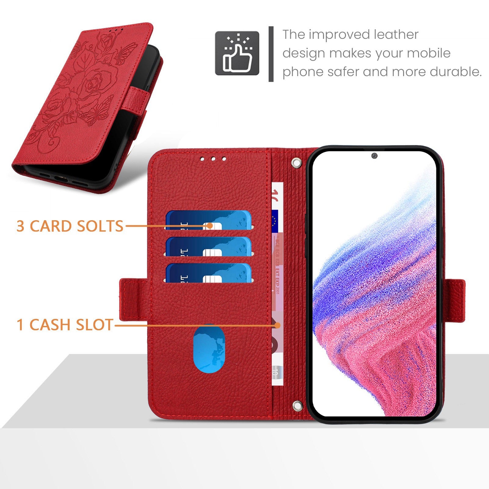 For Samsung Galaxy A16 5G / A16 4G Case Rose Imprinted RFID Blocking Leather Phone Cover with Strap - Red