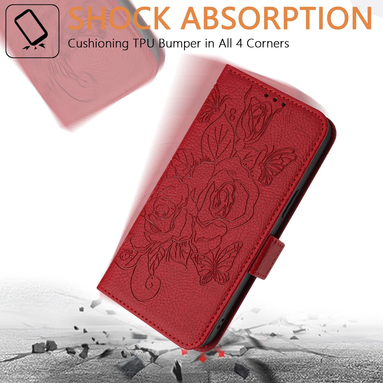 For Samsung Galaxy A16 5G / A16 4G Case Rose Imprinted RFID Blocking Leather Phone Cover with Strap - Red