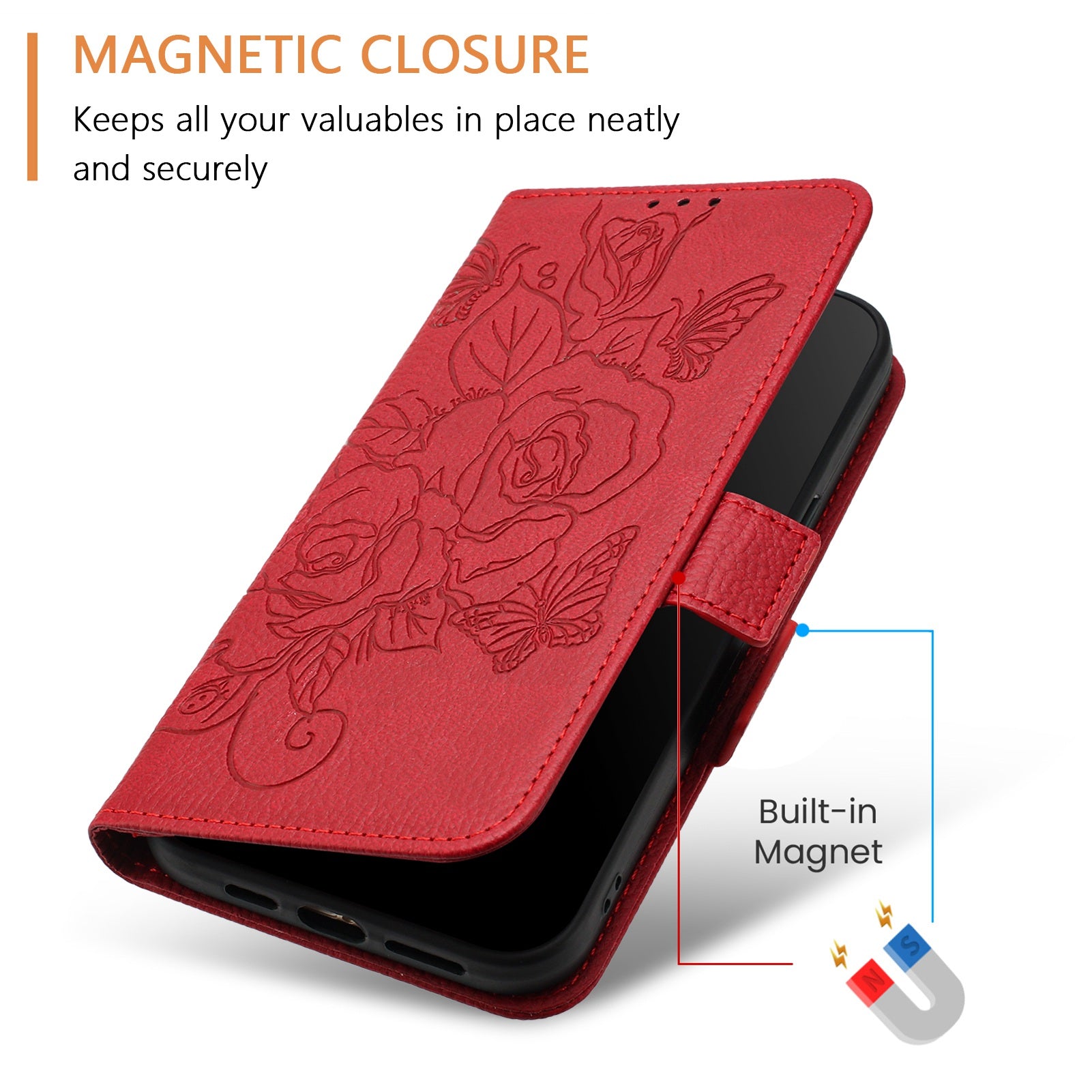 For Samsung Galaxy A16 5G / A16 4G Case Rose Imprinted RFID Blocking Leather Phone Cover with Strap - Red