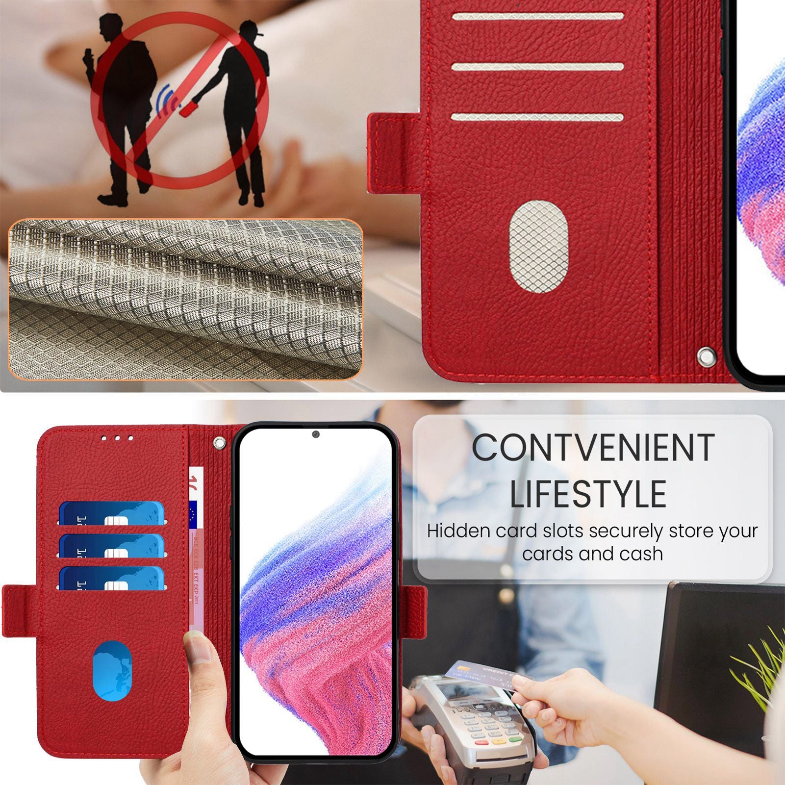 For Samsung Galaxy A16 5G / A16 4G Case Rose Imprinted RFID Blocking Leather Phone Cover with Strap - Red