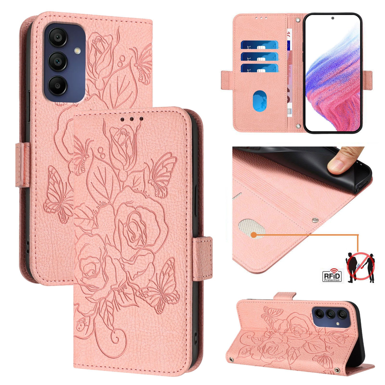 For Samsung Galaxy A16 5G / A16 4G Case Rose Imprinted RFID Blocking Leather Phone Cover with Strap - Pink
