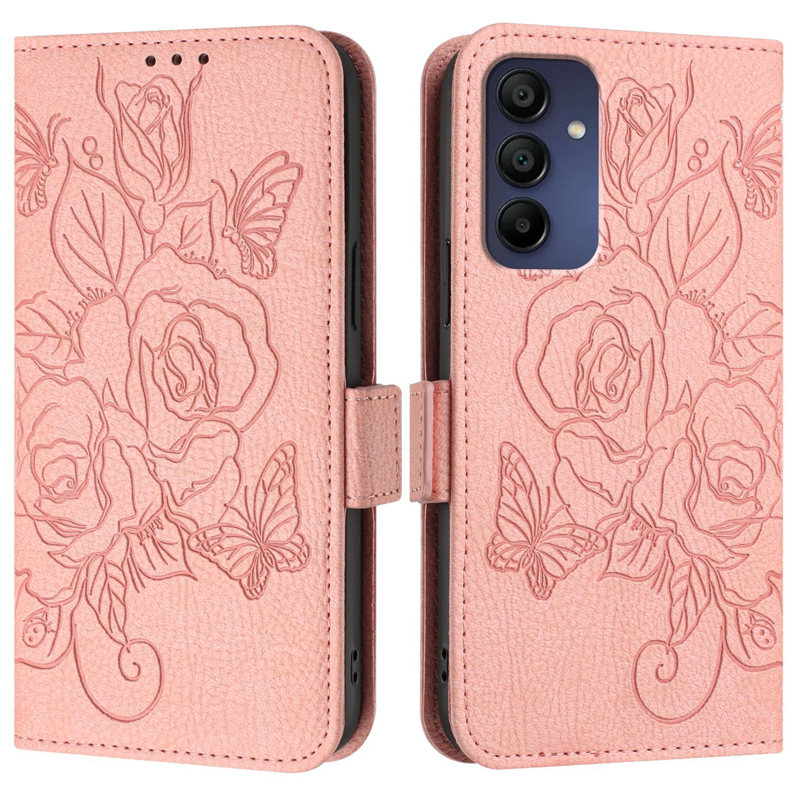 For Samsung Galaxy A16 5G / A16 4G Case Rose Imprinted RFID Blocking Leather Phone Cover with Strap - Pink