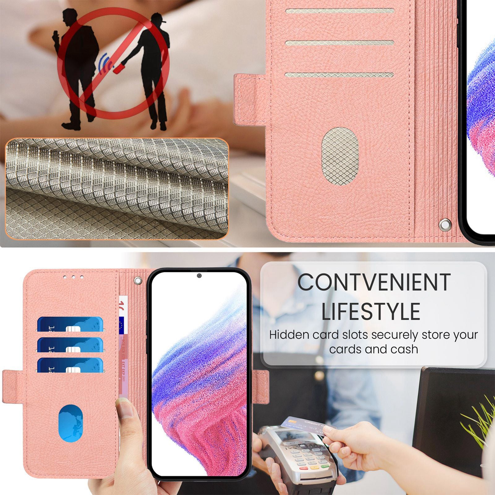 For Samsung Galaxy A16 5G / A16 4G Case Rose Imprinted RFID Blocking Leather Phone Cover with Strap - Pink