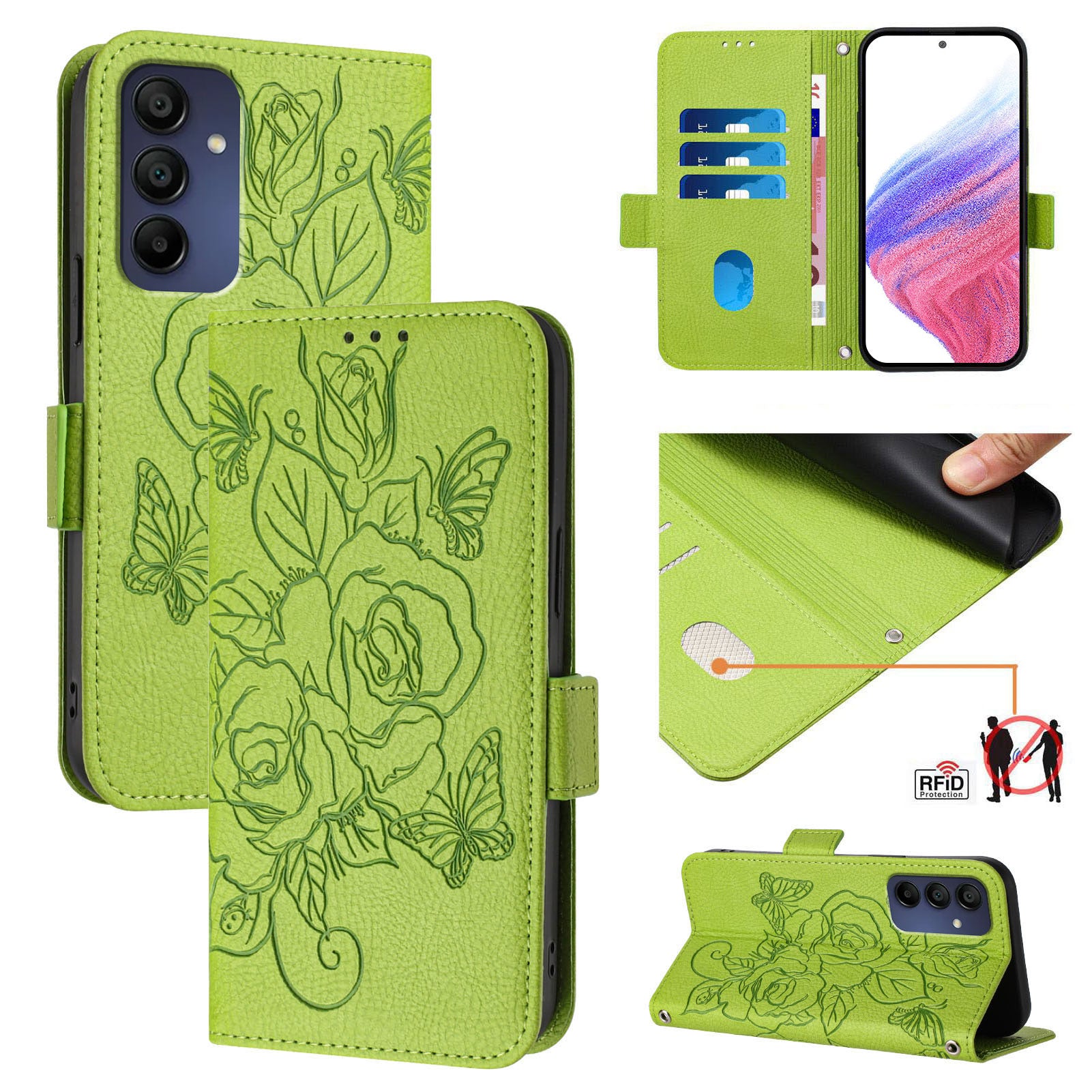 For Samsung Galaxy A16 5G / A16 4G Case Rose Imprinted RFID Blocking Leather Phone Cover with Strap - Green