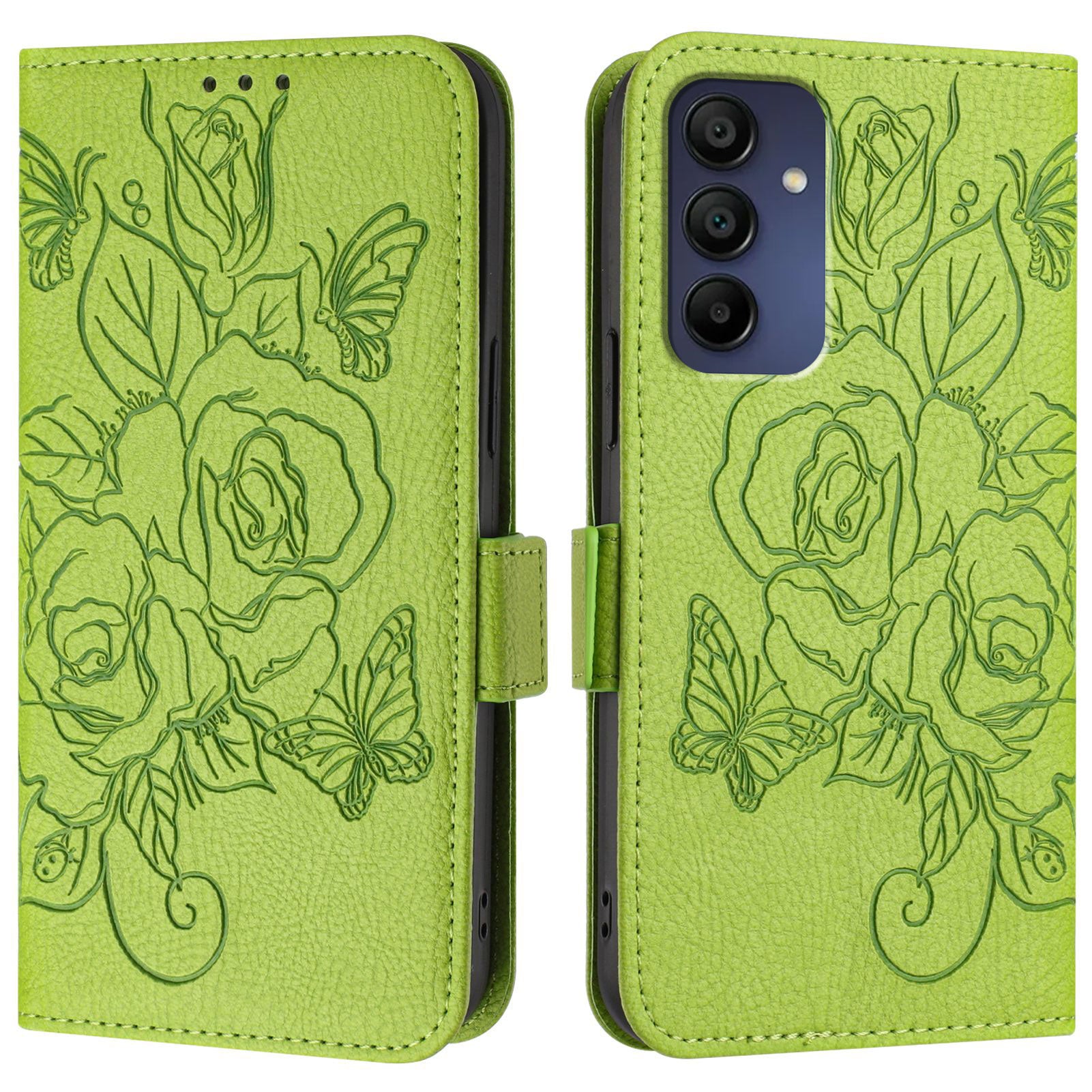 For Samsung Galaxy A16 5G / A16 4G Case Rose Imprinted RFID Blocking Leather Phone Cover with Strap - Green