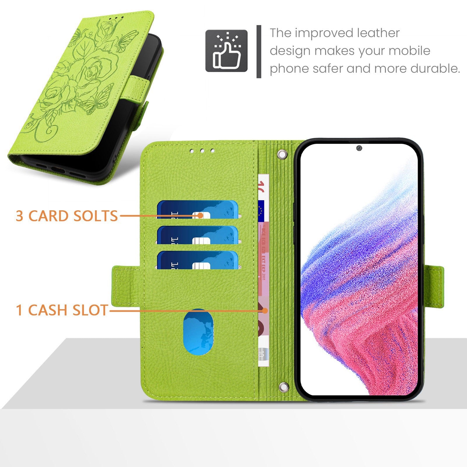 For Samsung Galaxy A16 5G / A16 4G Case Rose Imprinted RFID Blocking Leather Phone Cover with Strap - Green