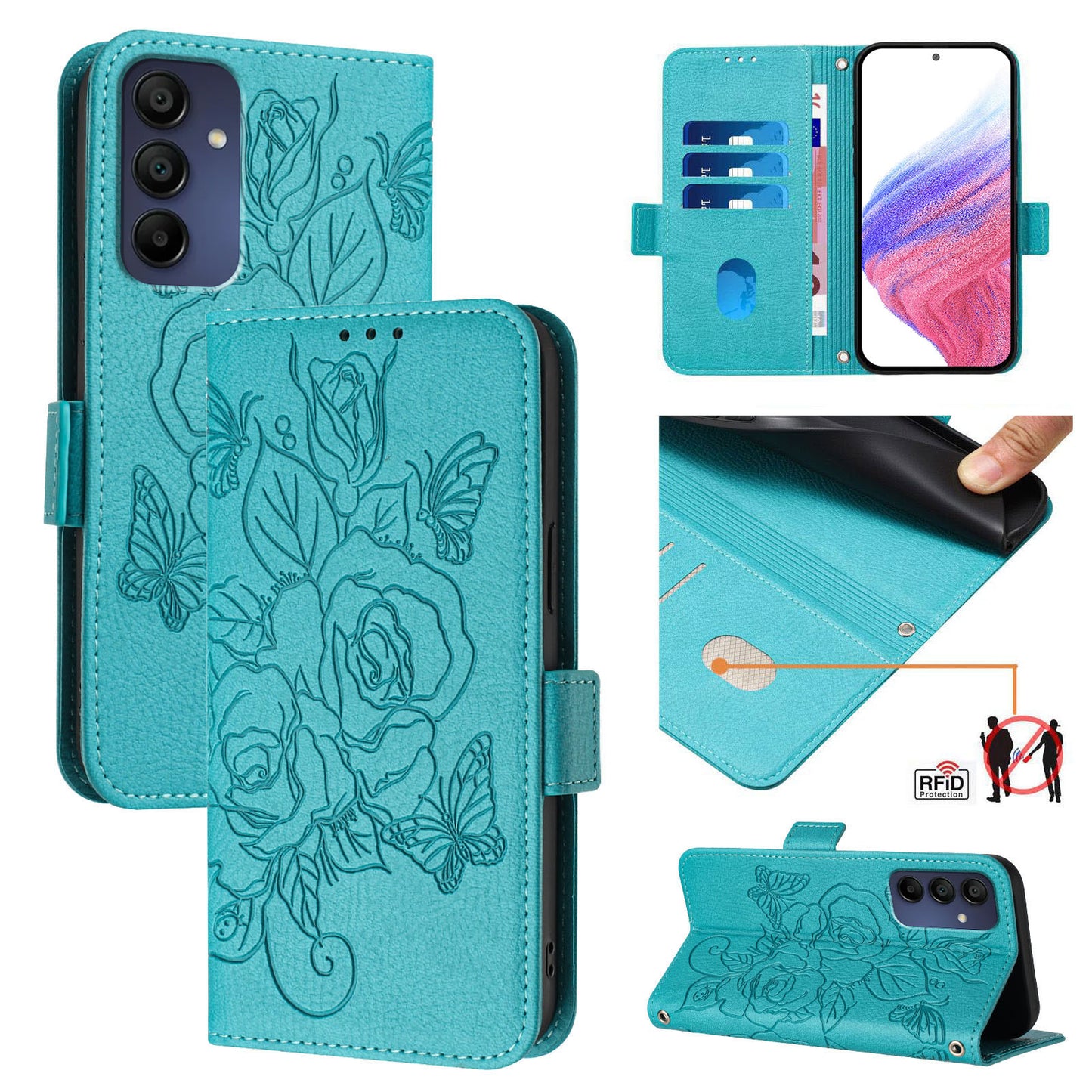 For Samsung Galaxy A16 5G / A16 4G Case Rose Imprinted RFID Blocking Leather Phone Cover with Strap - Baby Blue