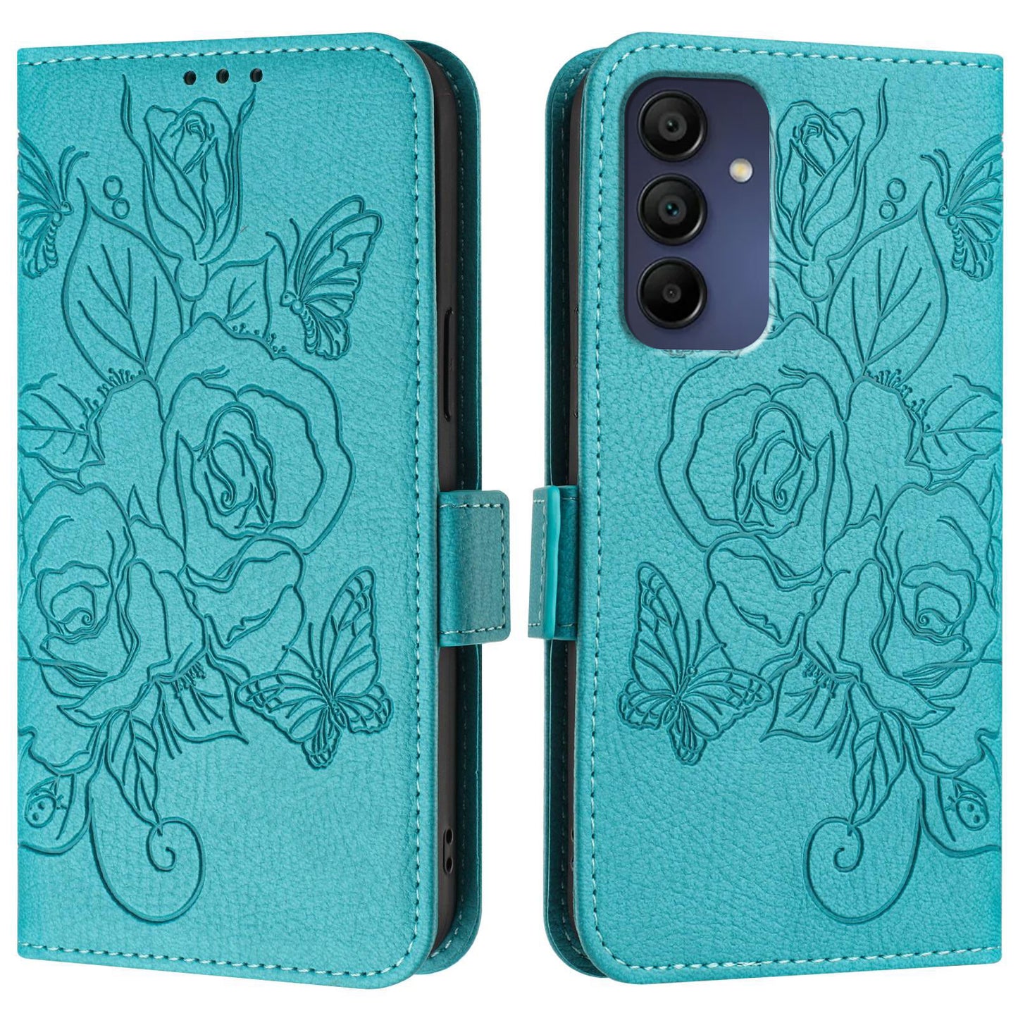 For Samsung Galaxy A16 5G / A16 4G Case Rose Imprinted RFID Blocking Leather Phone Cover with Strap - Baby Blue