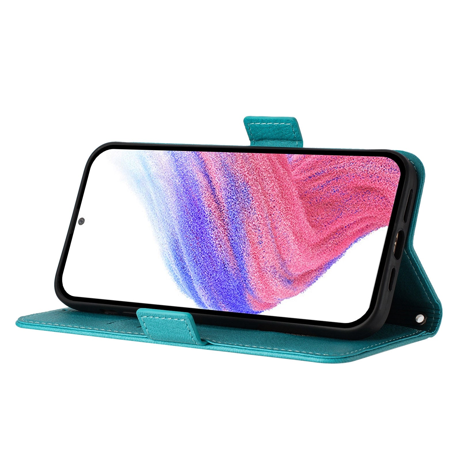 For Samsung Galaxy A16 5G / A16 4G Case Rose Imprinted RFID Blocking Leather Phone Cover with Strap - Baby Blue