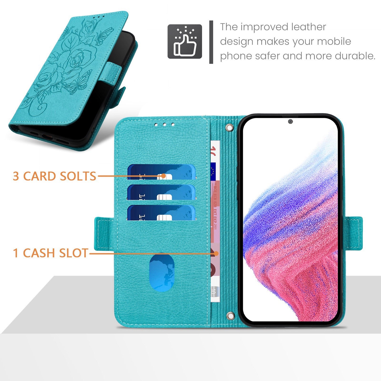 For Samsung Galaxy A16 5G / A16 4G Case Rose Imprinted RFID Blocking Leather Phone Cover with Strap - Baby Blue