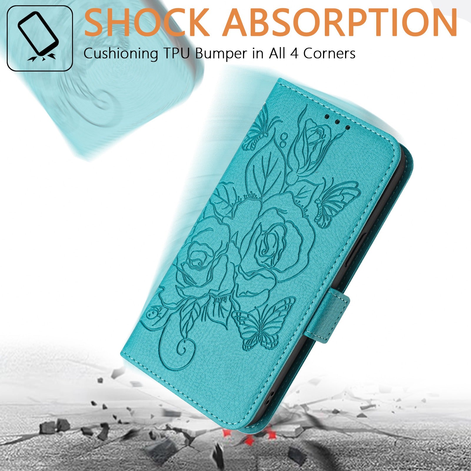 For Samsung Galaxy A16 5G / A16 4G Case Rose Imprinted RFID Blocking Leather Phone Cover with Strap - Baby Blue