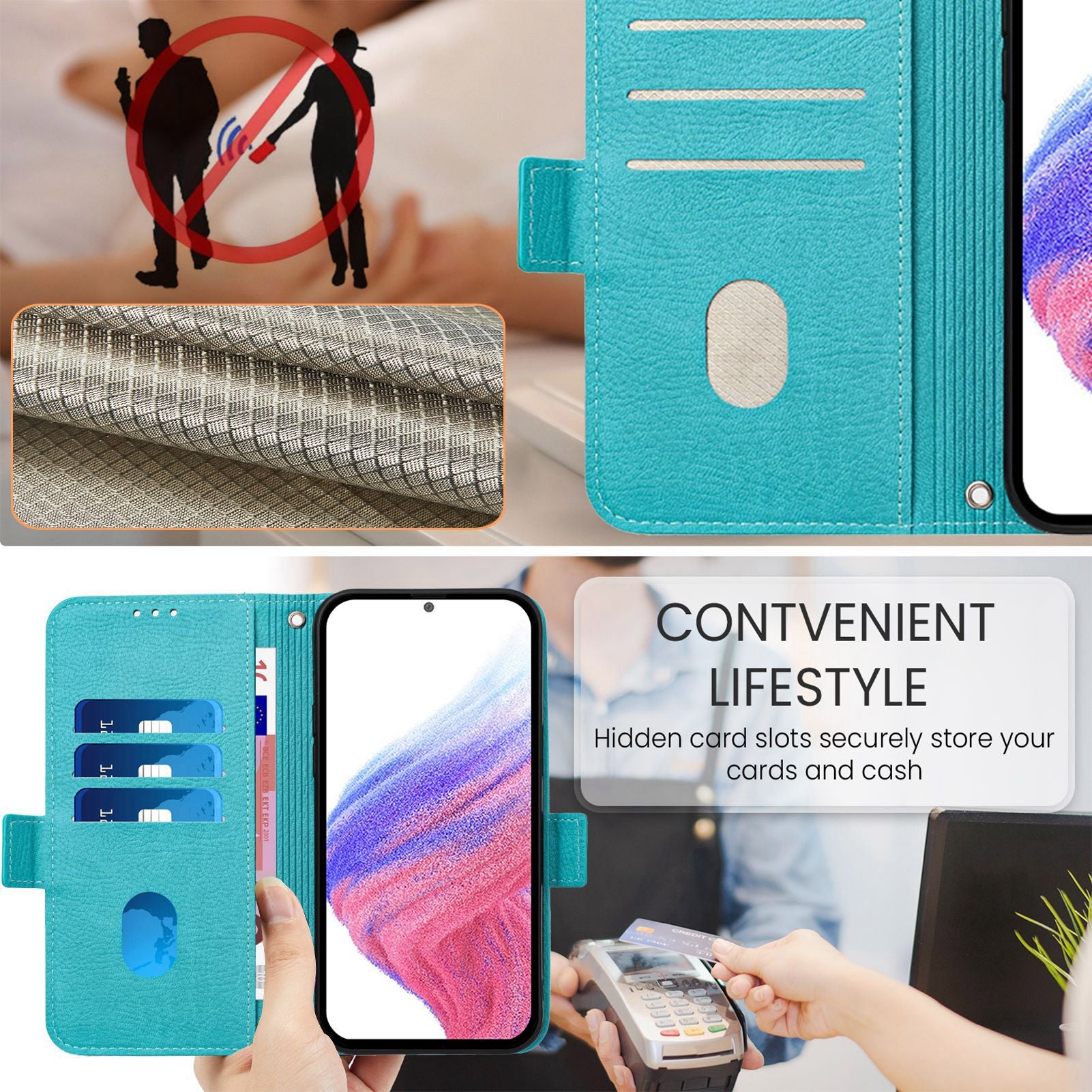 For Samsung Galaxy A16 5G / A16 4G Case Rose Imprinted RFID Blocking Leather Phone Cover with Strap - Baby Blue