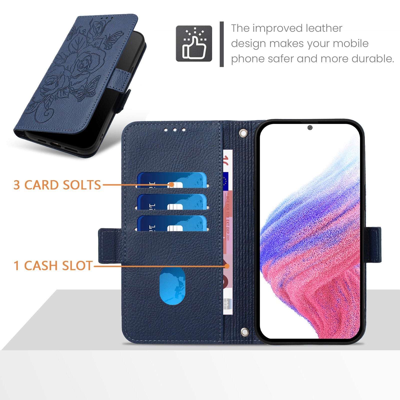For Samsung Galaxy A16 5G / A16 4G Case Rose Imprinted RFID Blocking Leather Phone Cover with Strap - Dark Blue
