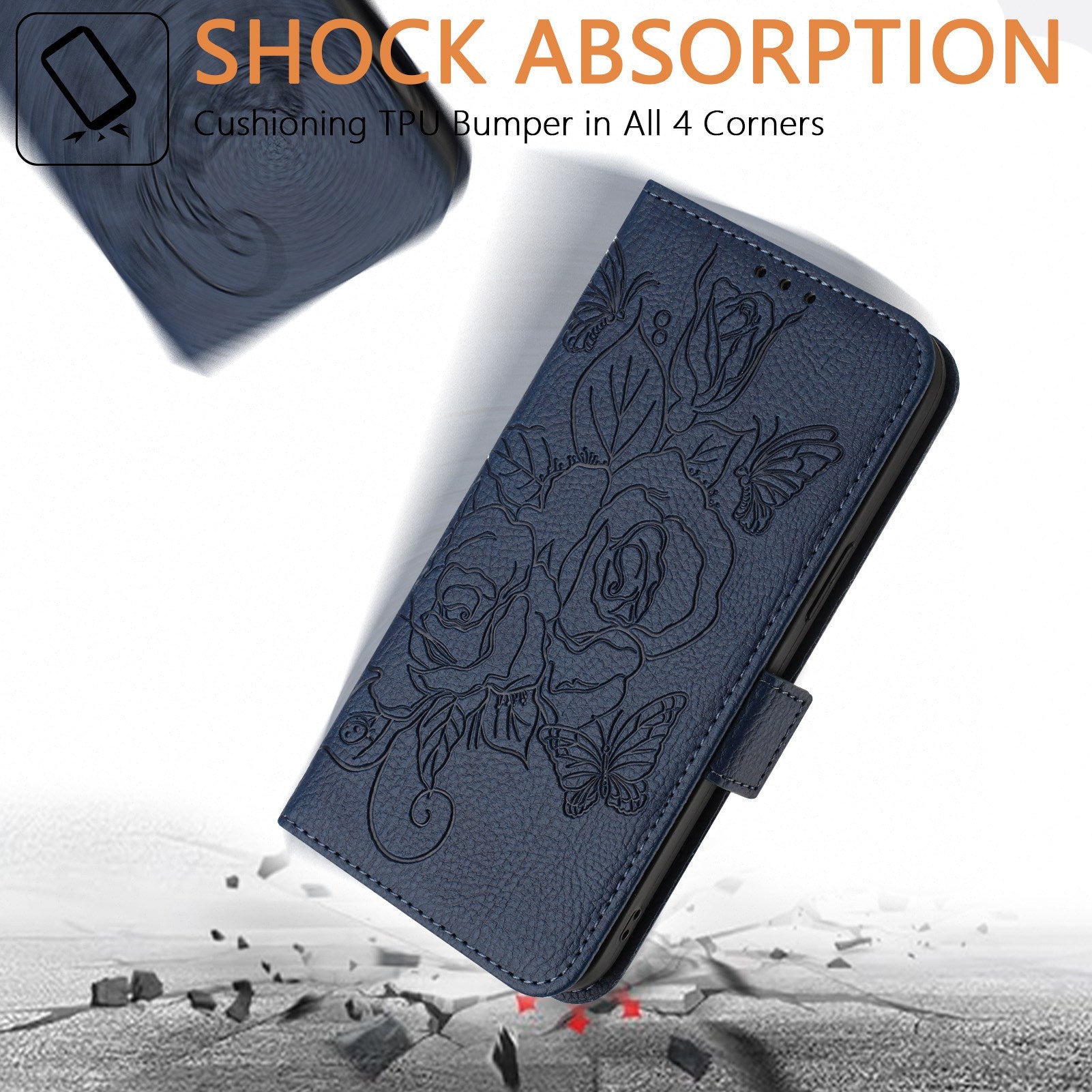 For Samsung Galaxy A16 5G / A16 4G Case Rose Imprinted RFID Blocking Leather Phone Cover with Strap - Dark Blue