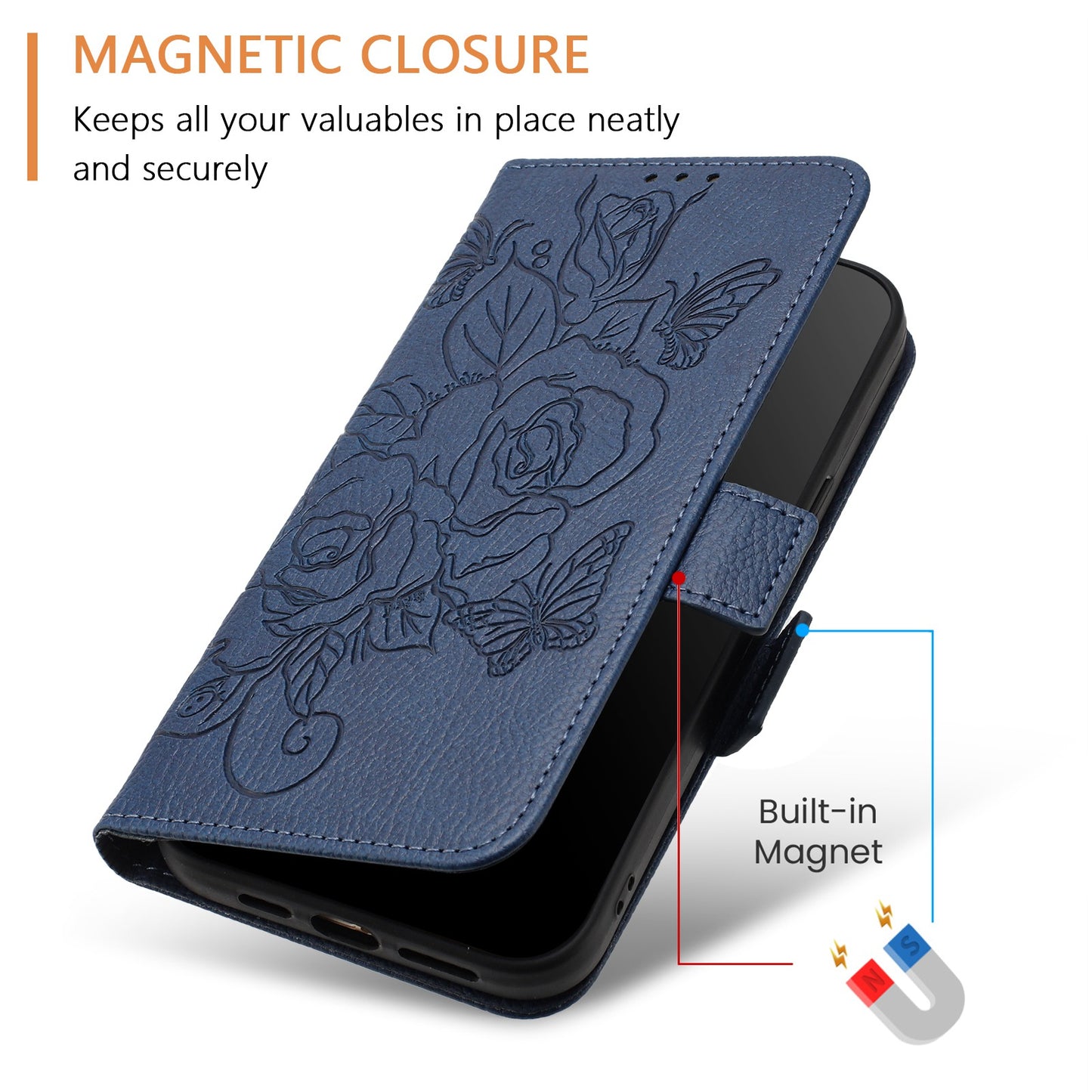 For Samsung Galaxy A16 5G / A16 4G Case Rose Imprinted RFID Blocking Leather Phone Cover with Strap - Dark Blue