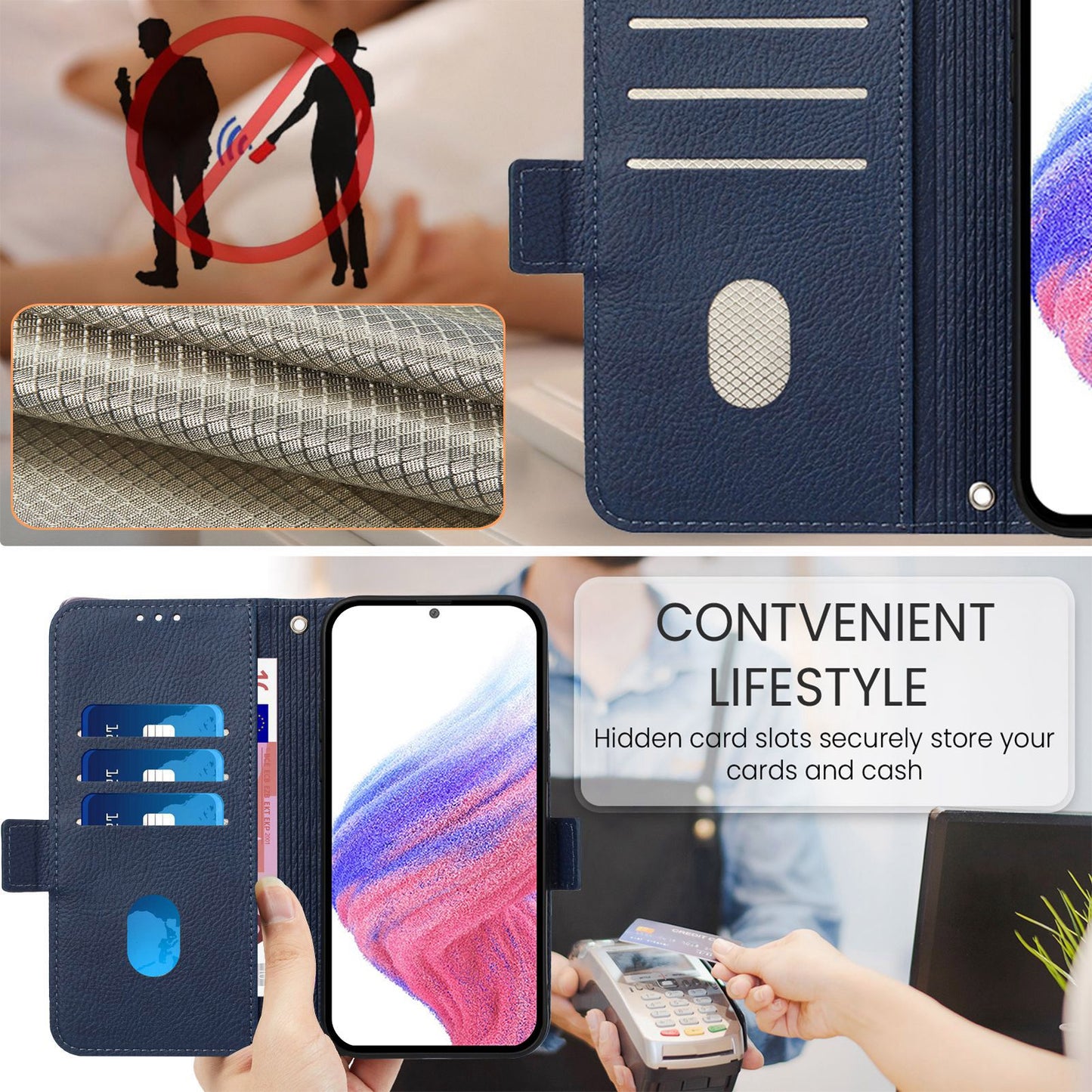 For Samsung Galaxy A16 5G / A16 4G Case Rose Imprinted RFID Blocking Leather Phone Cover with Strap - Dark Blue