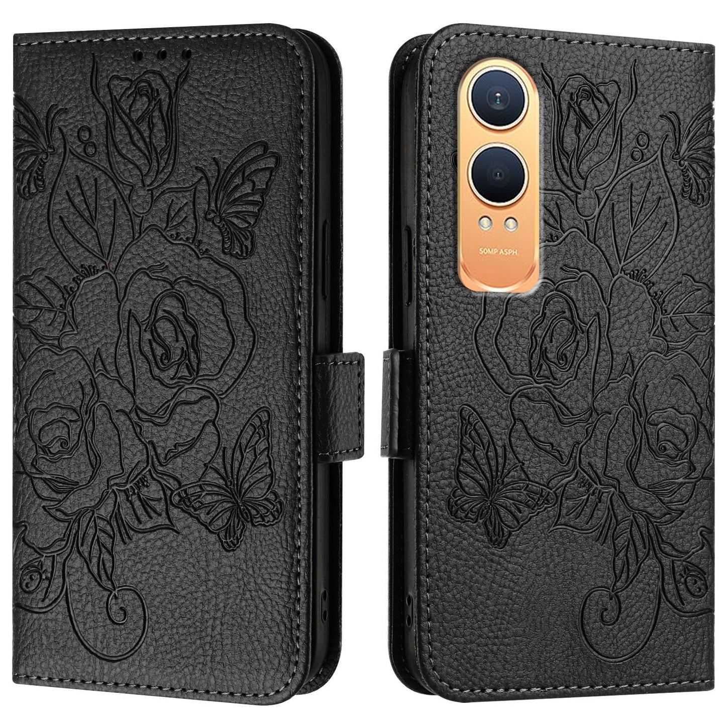 For OnePlus Nord CE4 Lite 5G Case Rose Imprinted RFID Blocking Leather Phone Cover with Strap - Black