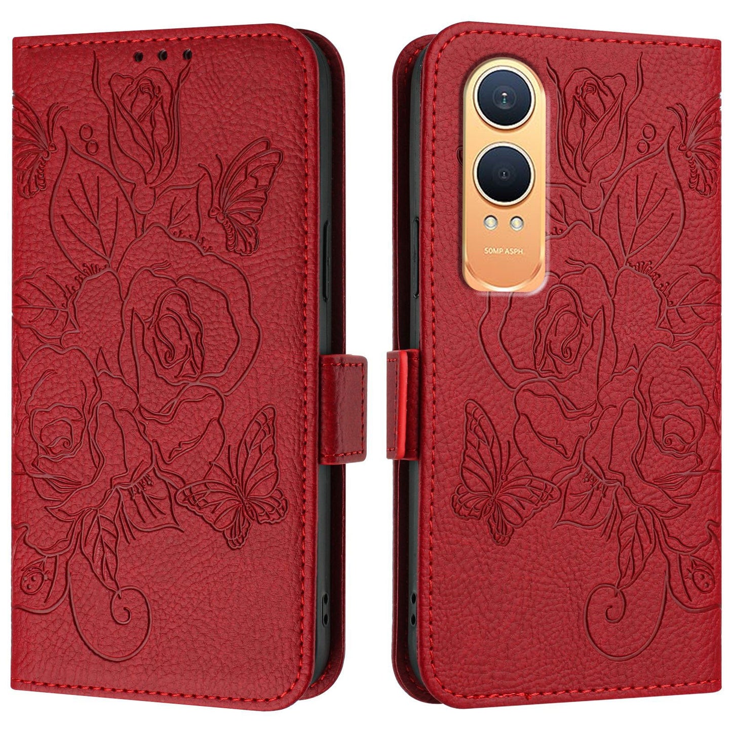 For OnePlus Nord CE4 Lite 5G Case Rose Imprinted RFID Blocking Leather Phone Cover with Strap - Red