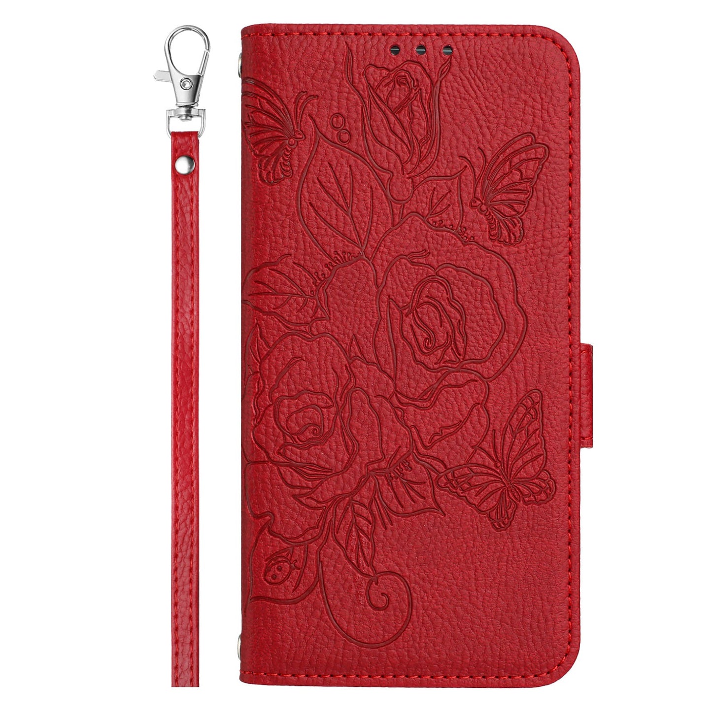 For OnePlus Nord CE4 Lite 5G Case Rose Imprinted RFID Blocking Leather Phone Cover with Strap - Red