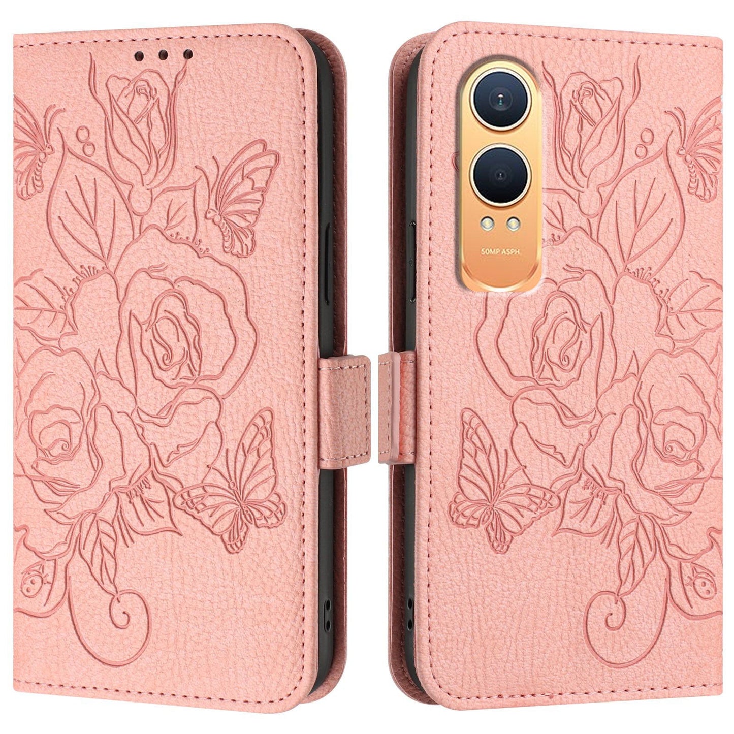For OnePlus Nord CE4 Lite 5G Case Rose Imprinted RFID Blocking Leather Phone Cover with Strap - Pink