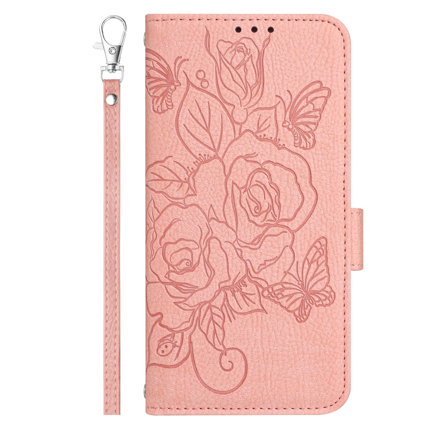 For OnePlus Nord CE4 Lite 5G Case Rose Imprinted RFID Blocking Leather Phone Cover with Strap - Pink