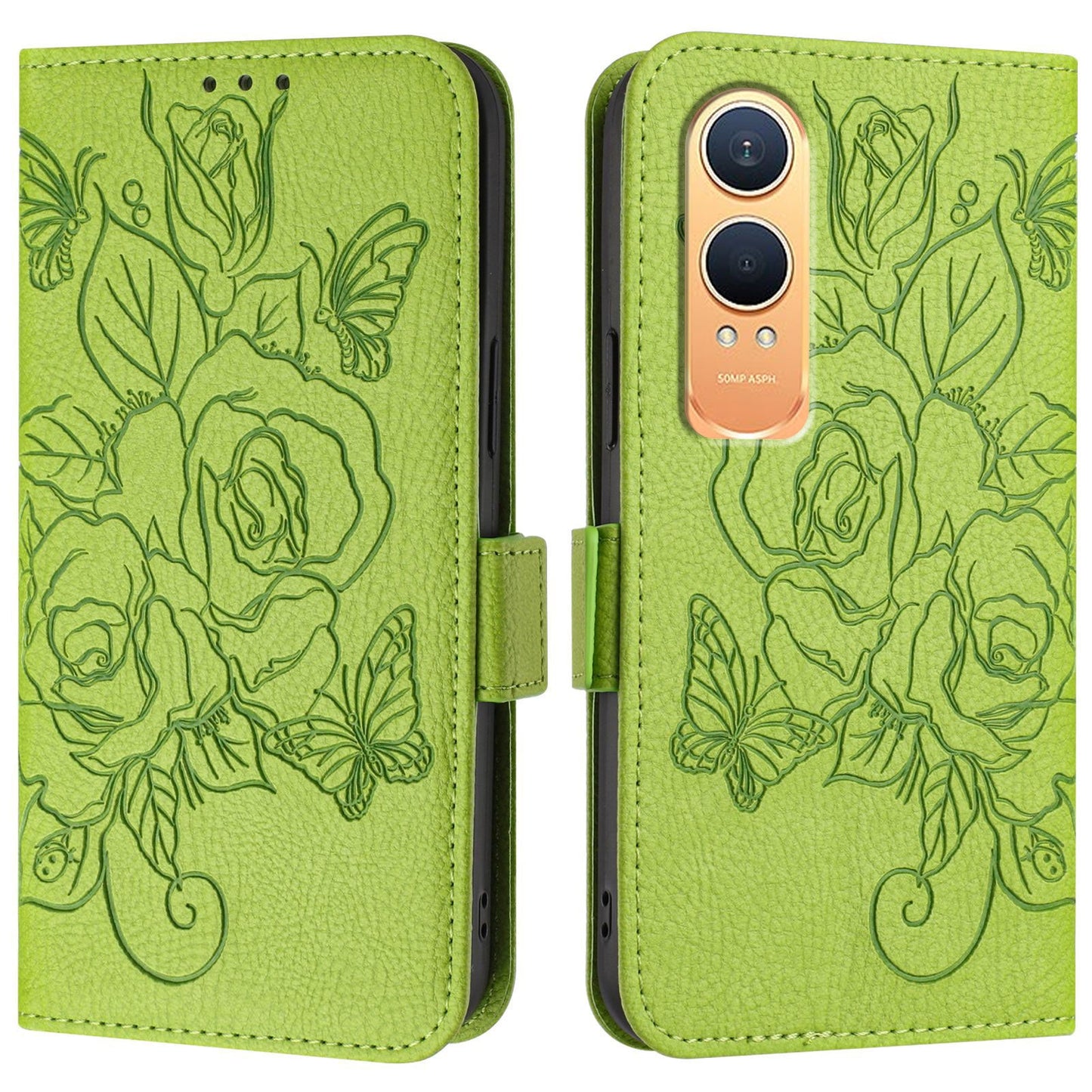 For OnePlus Nord CE4 Lite 5G Case Rose Imprinted RFID Blocking Leather Phone Cover with Strap - Green