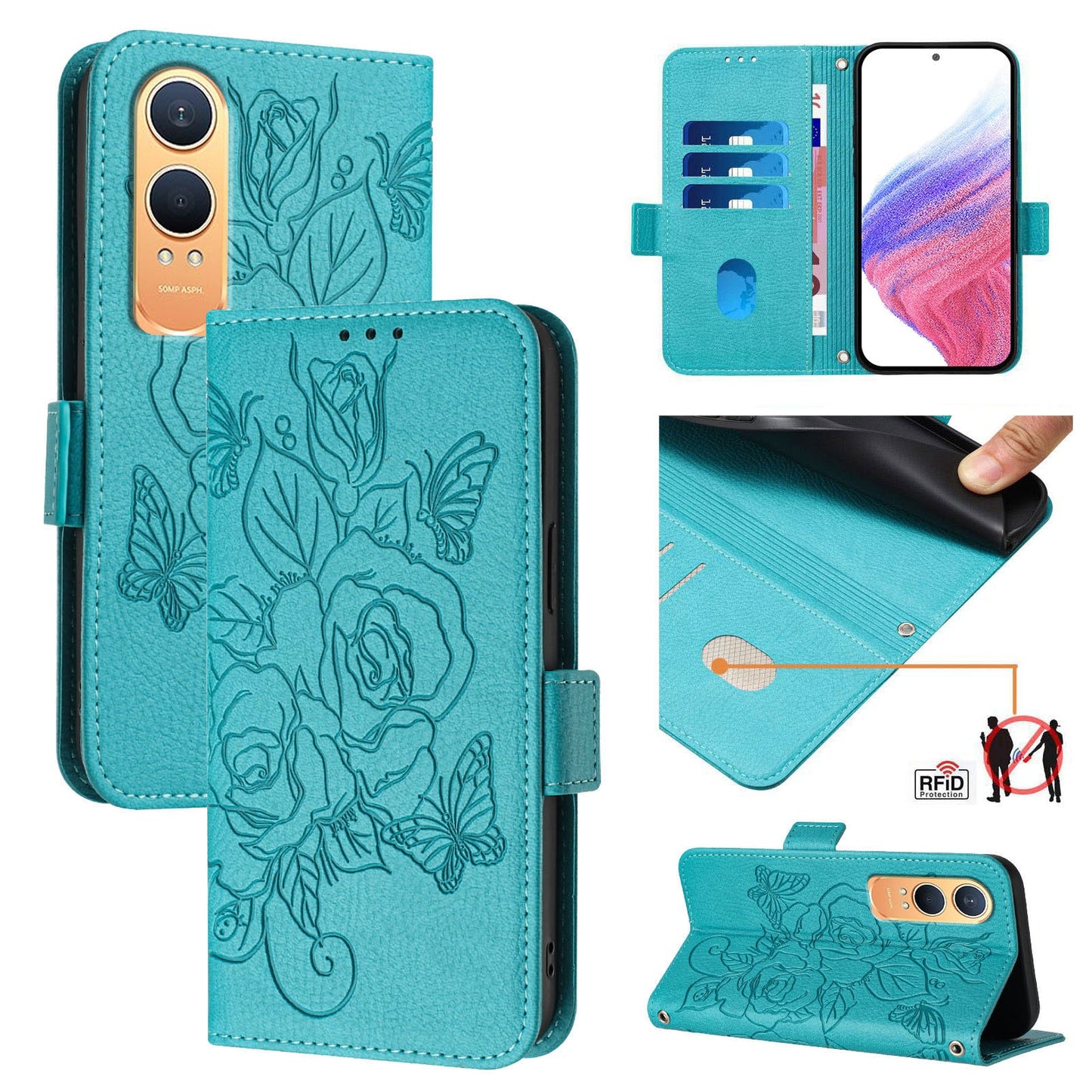 For OnePlus Nord CE4 Lite 5G Case Rose Imprinted RFID Blocking Leather Phone Cover with Strap - Baby Blue