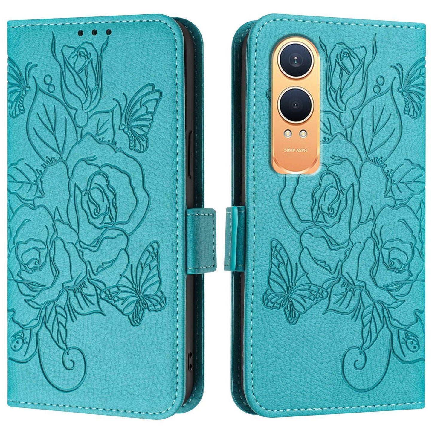 For OnePlus Nord CE4 Lite 5G Case Rose Imprinted RFID Blocking Leather Phone Cover with Strap - Baby Blue