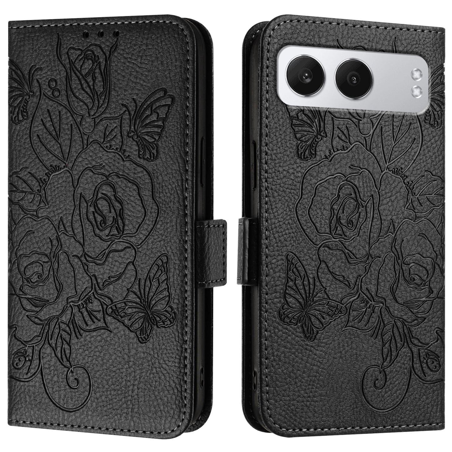 For OnePlus Nord 4 Case Rose Imprinted RFID Blocking Leather Phone Cover with Strap - Black