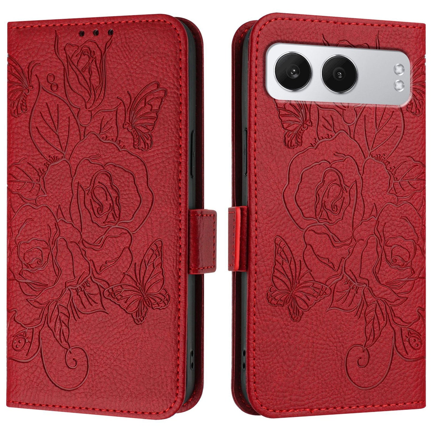For OnePlus Nord 4 Case Rose Imprinted RFID Blocking Leather Phone Cover with Strap - Red