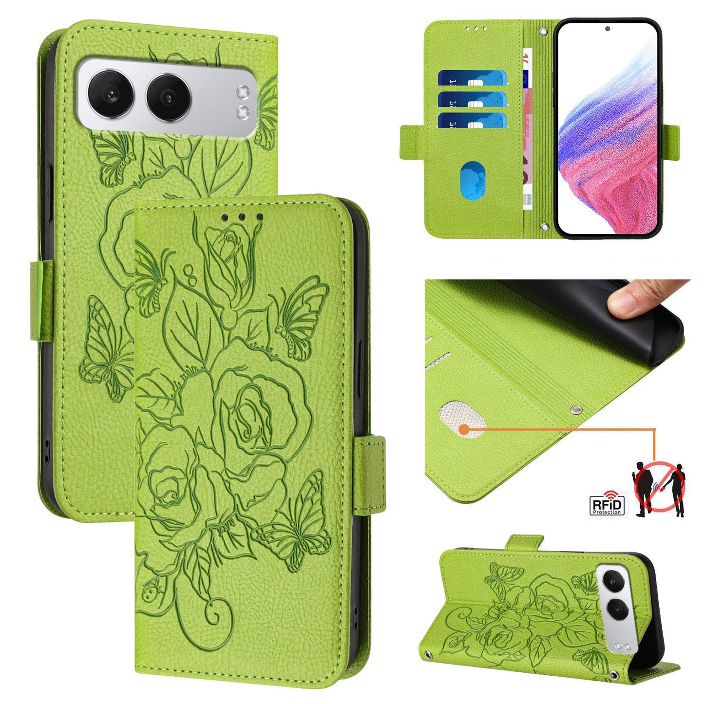 For OnePlus Nord 4 Case Rose Imprinted RFID Blocking Leather Phone Cover with Strap - Green