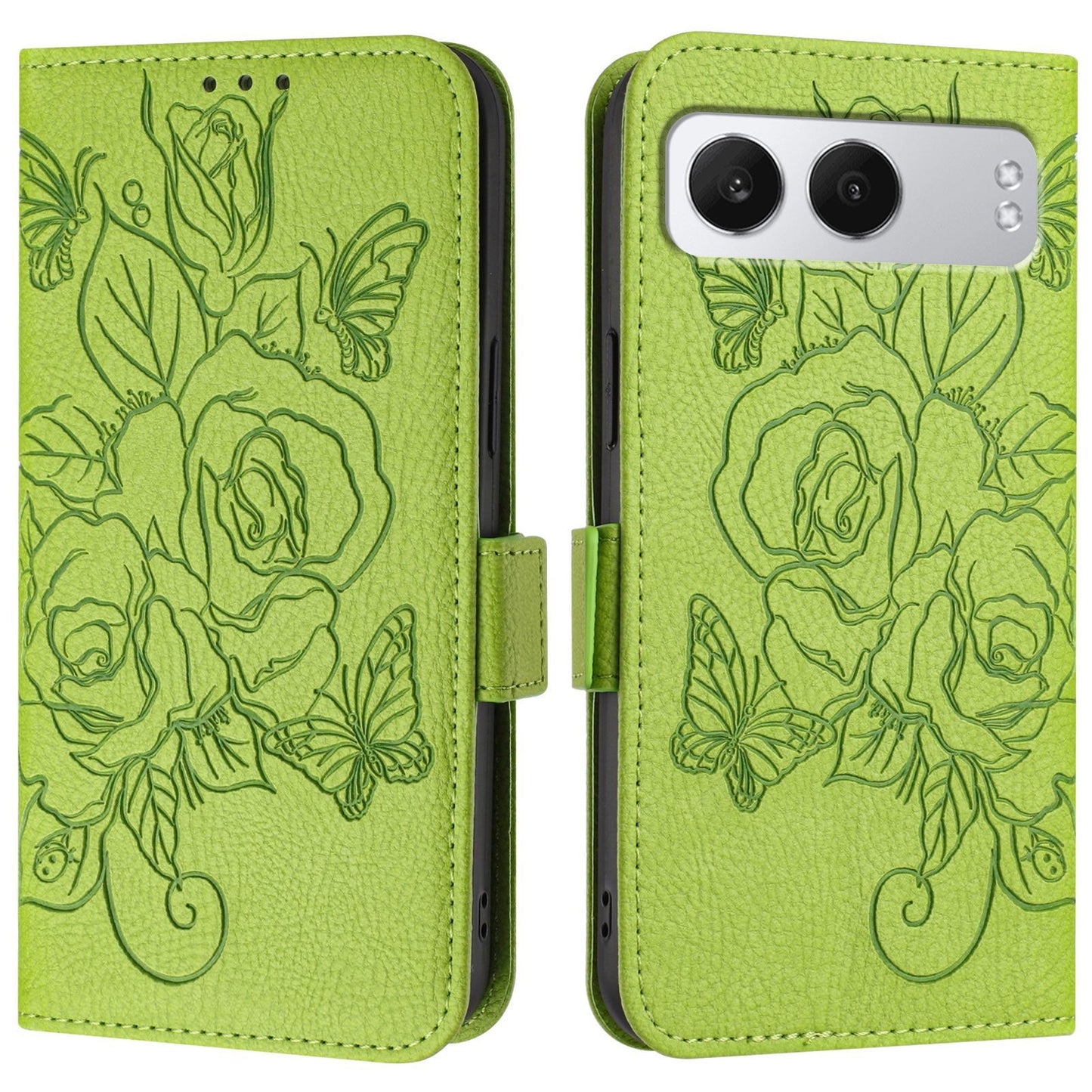 For OnePlus Nord 4 Case Rose Imprinted RFID Blocking Leather Phone Cover with Strap - Green