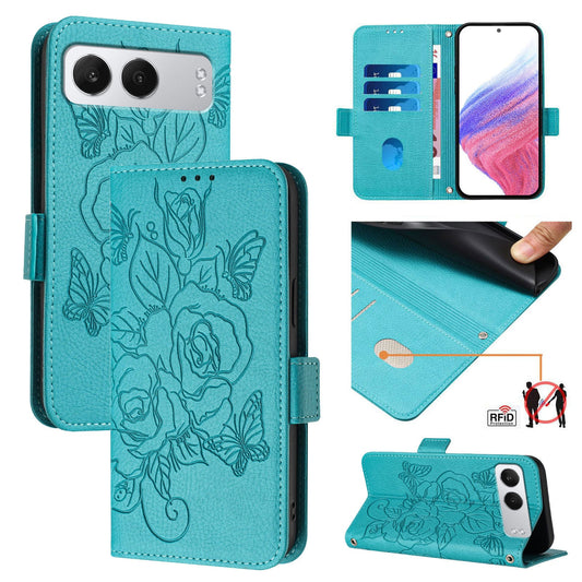 For OnePlus Nord 4 Case Rose Imprinted RFID Blocking Leather Phone Cover with Strap - Baby Blue
