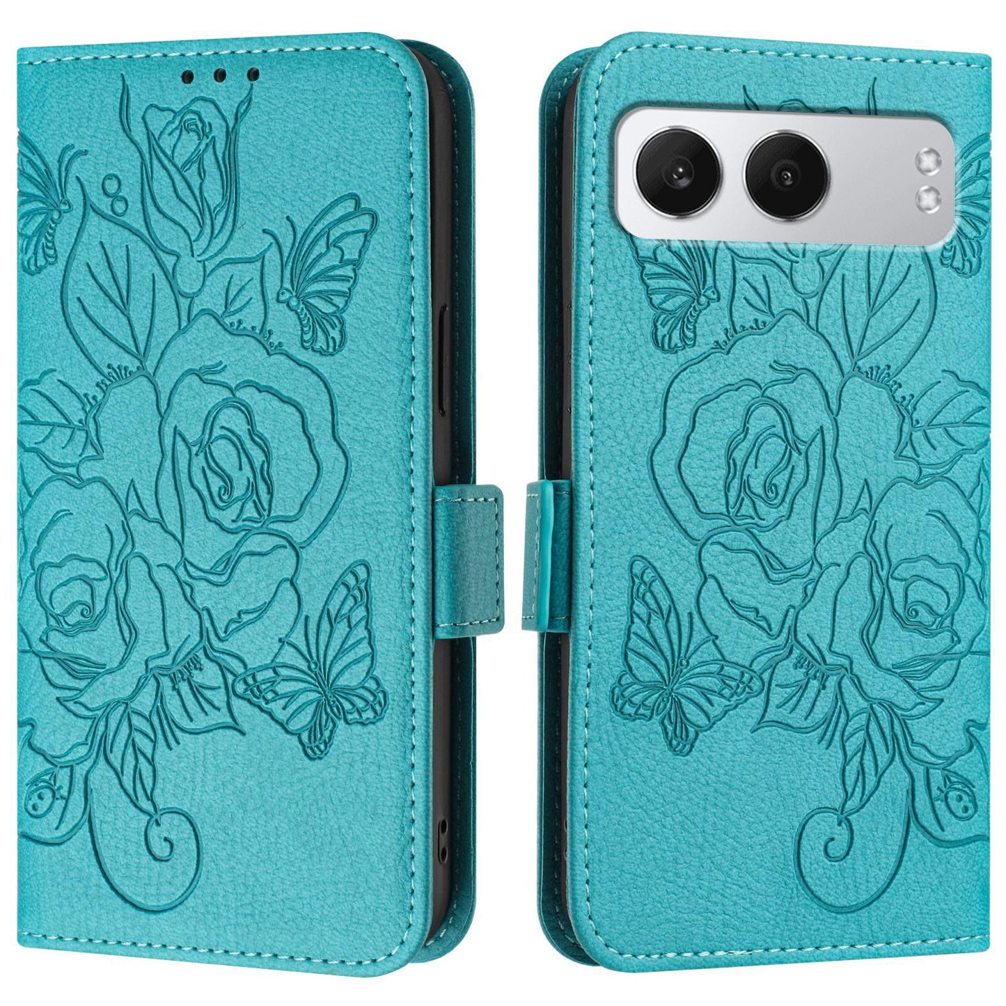 For OnePlus Nord 4 Case Rose Imprinted RFID Blocking Leather Phone Cover with Strap - Baby Blue