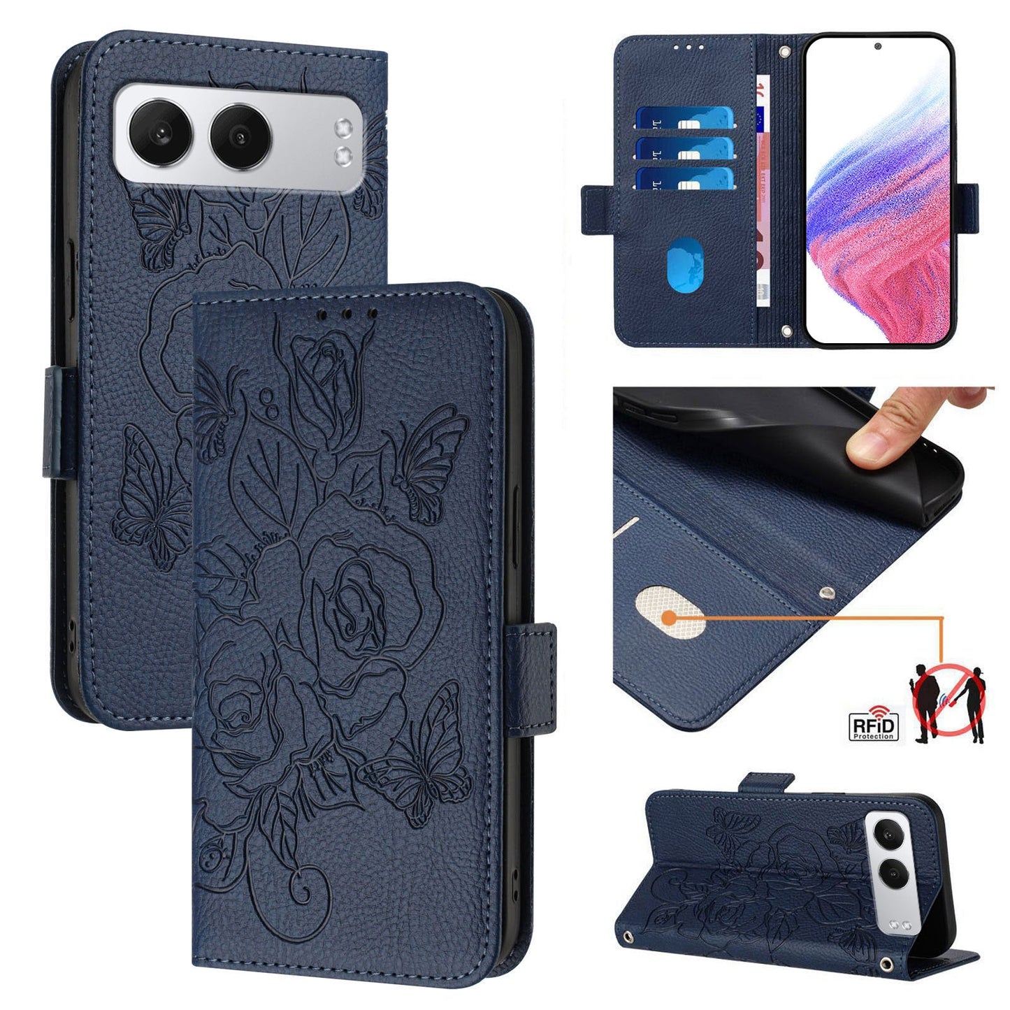 For OnePlus Nord 4 Case Rose Imprinted RFID Blocking Leather Phone Cover with Strap - Dark Blue