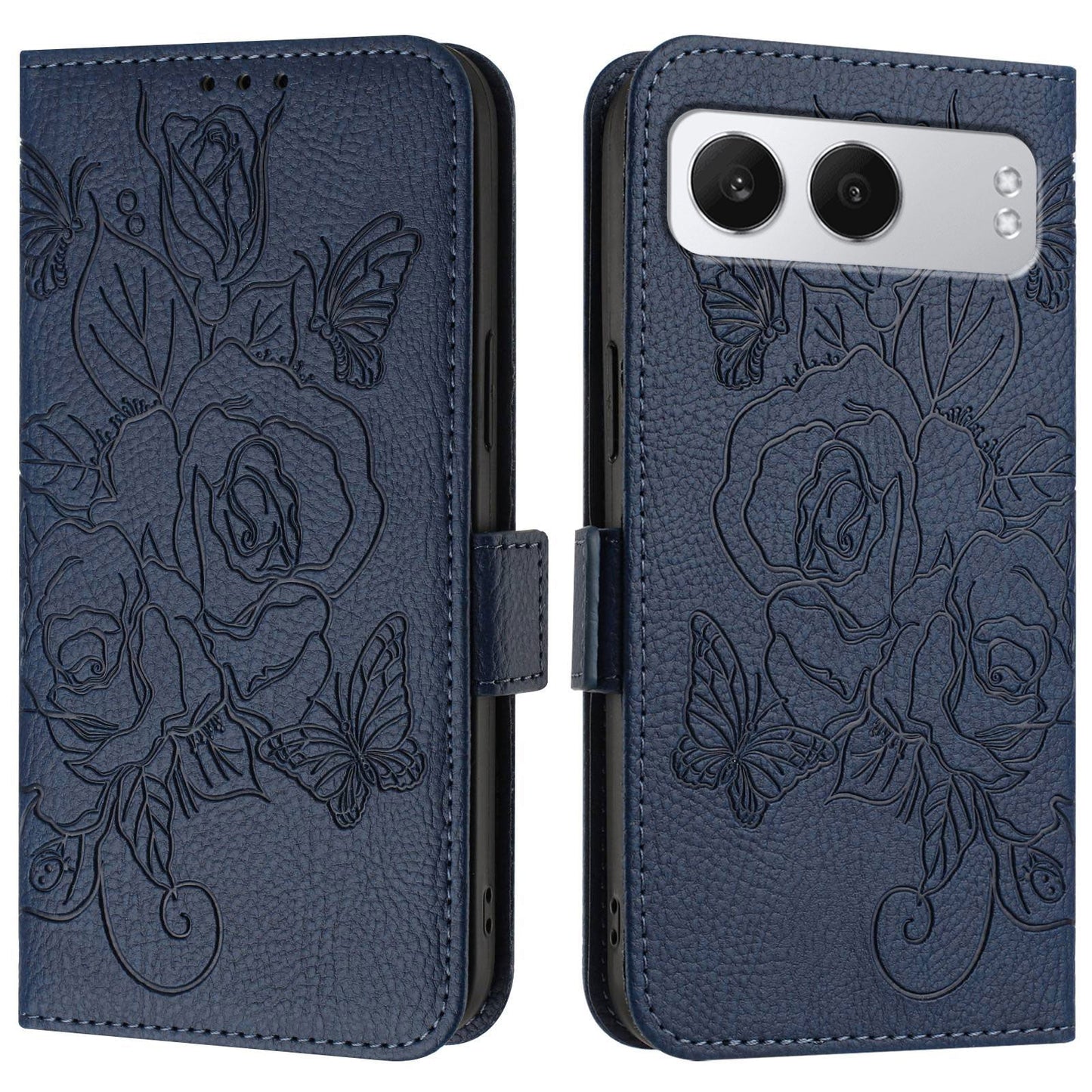 For OnePlus Nord 4 Case Rose Imprinted RFID Blocking Leather Phone Cover with Strap - Dark Blue