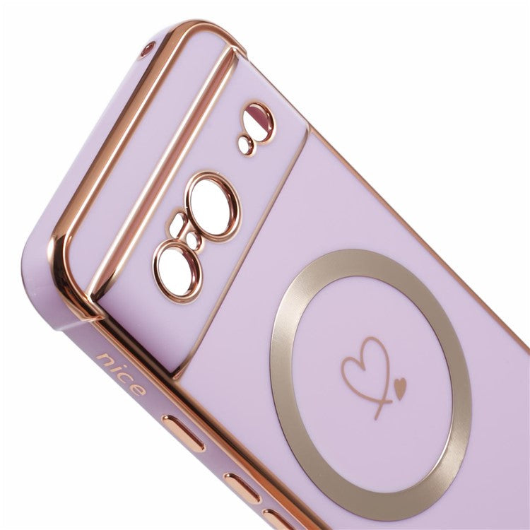 For Google Pixel 8 Case Compatible with MagSafe Electroplated TPU Phone Cover Hollow Love Hearts - Purple