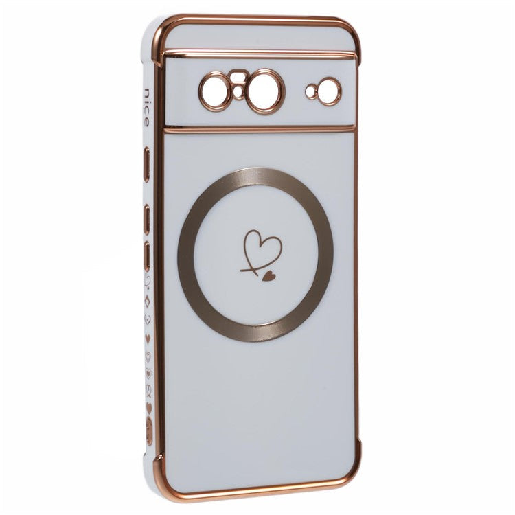 For Google Pixel 8 Case Compatible with MagSafe Electroplated TPU Phone Cover Hollow Love Hearts - Ivory White