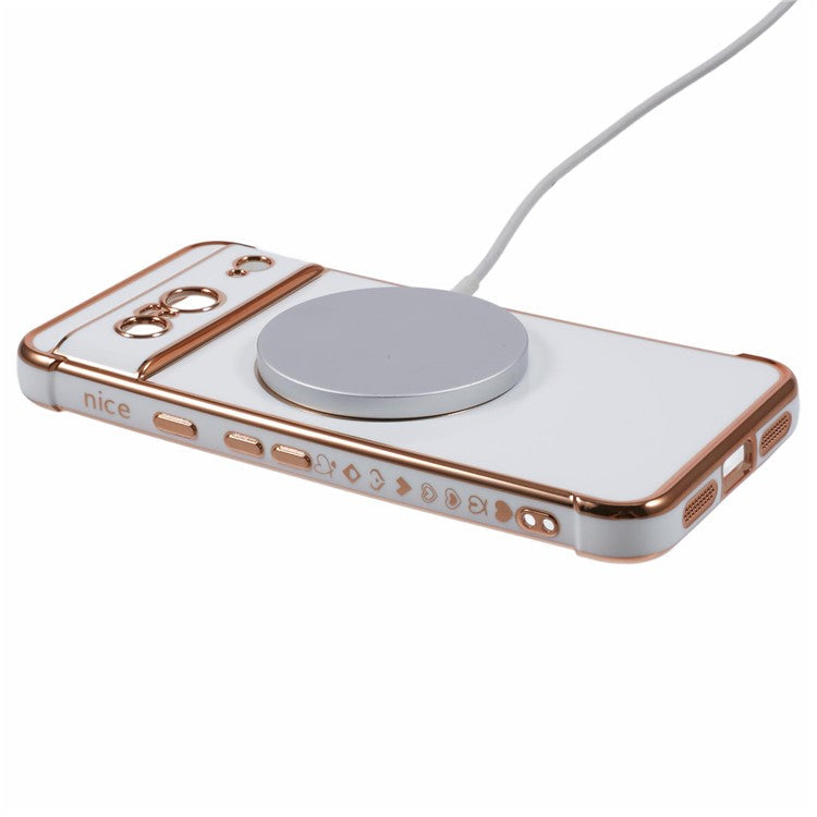 For Google Pixel 8 Case Compatible with MagSafe Electroplated TPU Phone Cover Hollow Love Hearts - Ivory White