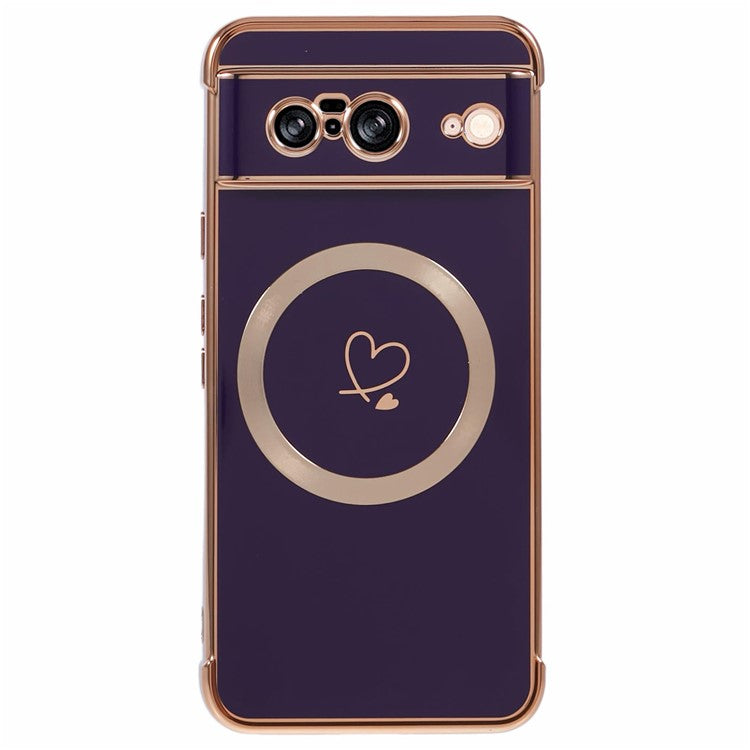 For Google Pixel 8 Case Compatible with MagSafe Electroplated TPU Phone Cover Hollow Love Hearts - Dark Purple