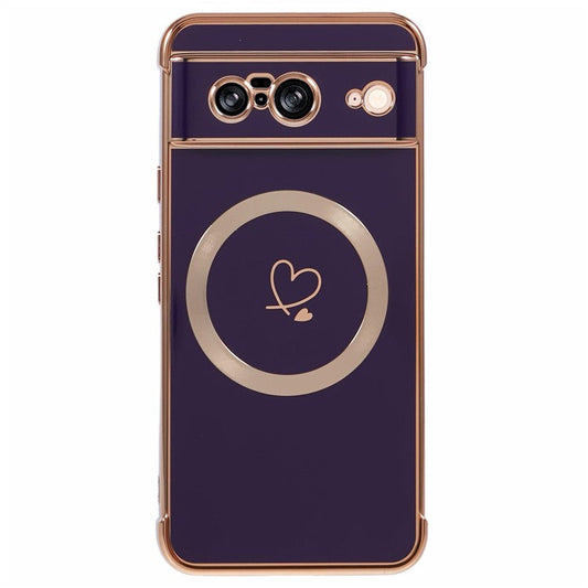 For Google Pixel 8 Case Compatible with MagSafe Electroplated TPU Phone Cover Hollow Love Hearts - Dark Purple