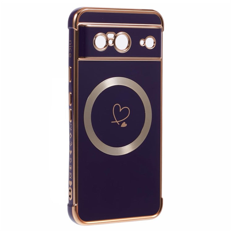For Google Pixel 8 Case Compatible with MagSafe Electroplated TPU Phone Cover Hollow Love Hearts - Dark Purple