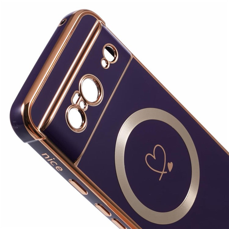 For Google Pixel 8 Case Compatible with MagSafe Electroplated TPU Phone Cover Hollow Love Hearts - Dark Purple