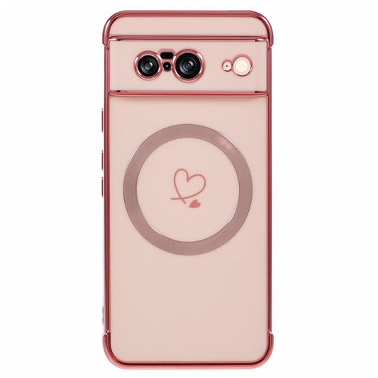 For Google Pixel 8 Case Compatible with MagSafe Electroplated TPU Phone Cover Hollow Love Hearts - Rose Pink