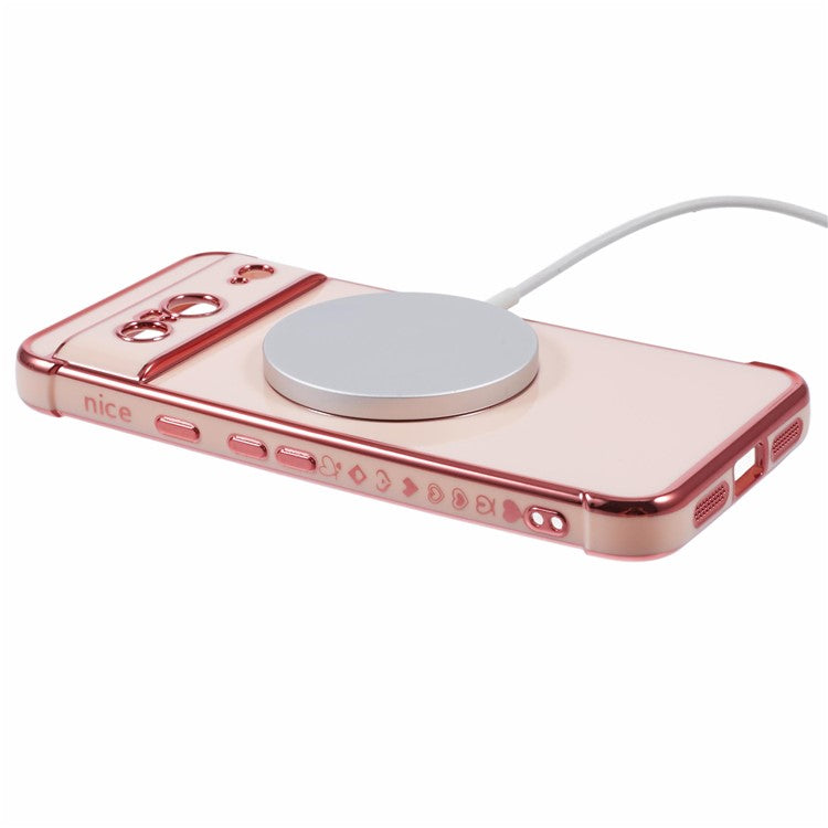 For Google Pixel 8 Case Compatible with MagSafe Electroplated TPU Phone Cover Hollow Love Hearts - Rose Pink