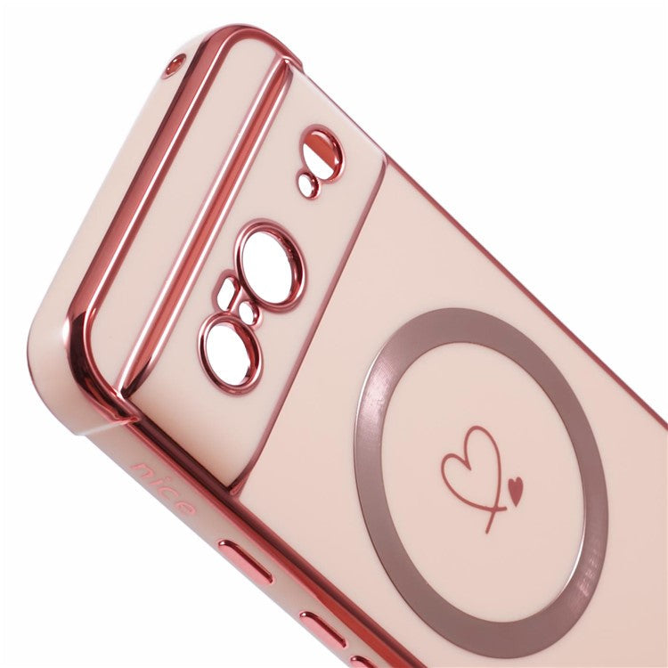 For Google Pixel 8 Case Compatible with MagSafe Electroplated TPU Phone Cover Hollow Love Hearts - Rose Pink