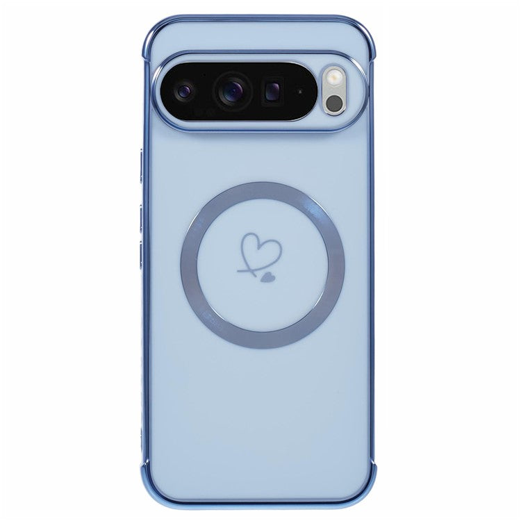 For Google Pixel 9 Pro XL Case Compatible with MagSafe Electroplated TPU Phone Cover Hollow Love Hearts - Blue